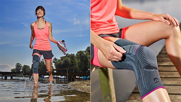 picture of a woman treading water while wearing a medi knee brace and close up shot of the brace