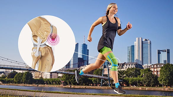 "woman running next to the skyline of  Frankfurt am Main, showcasing her medi Genumedi knee support