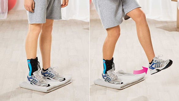 Men doing knee raise with aids exercises while wearing an ankle brace  to promote his coordination