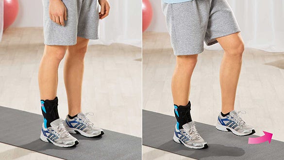 Men doing knee raise exercises while wearing an ankle brace  to promote his coordination