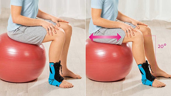 Men doing a Roll on the exercise ball while wearing the medi ankle bracelet 