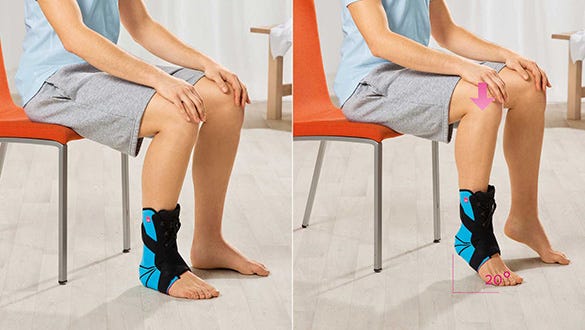 Men doing a heel raise exercise while sitting on a chair and wearing an ankle brace