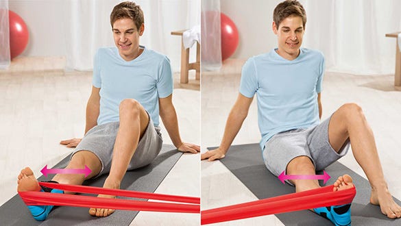 Men doing a strenghtening Pulling his toes upwards with aids exercise while wearing an ankle brace