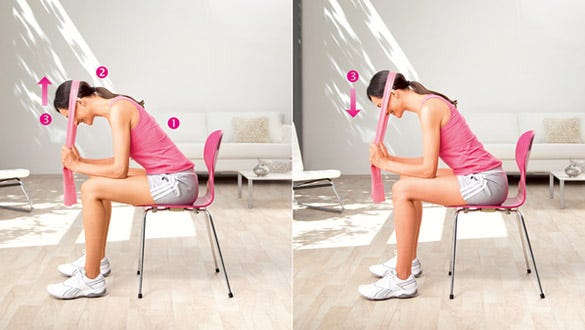 "Woman nodding her head as an exercise to  strengthen her neck muscles.