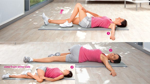 "Woman doing an  exercise to stretch her lower and lateral back and buttock muscles