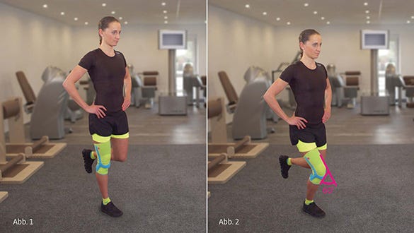 Single leg knee bend exercise involving  front of the thigh and patellar ligament