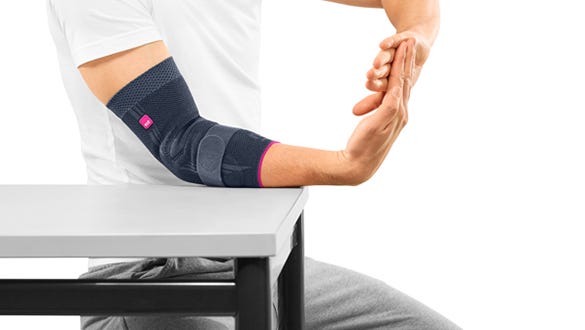 picture explanation  of the second step of a strenghtening elbow  exercise