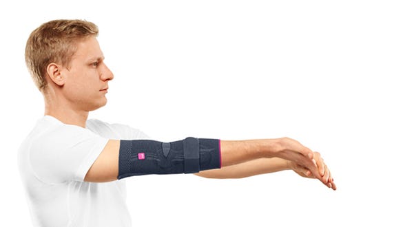 "picture explanation  of t he first step of a stretching elbow  exercise