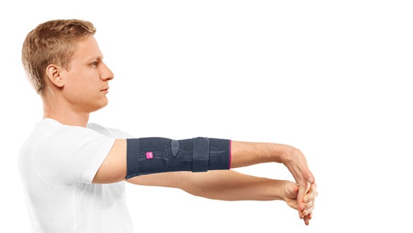 picture explanation  of the second  step of a stretching elbow  exercise