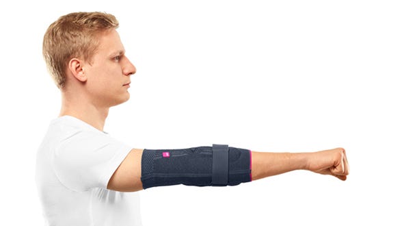 picture explanation  of the first step of a stretching elbow  exercise