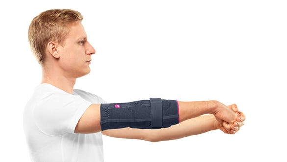 picture explanation  of t he first step of a stretching elbow  exercise